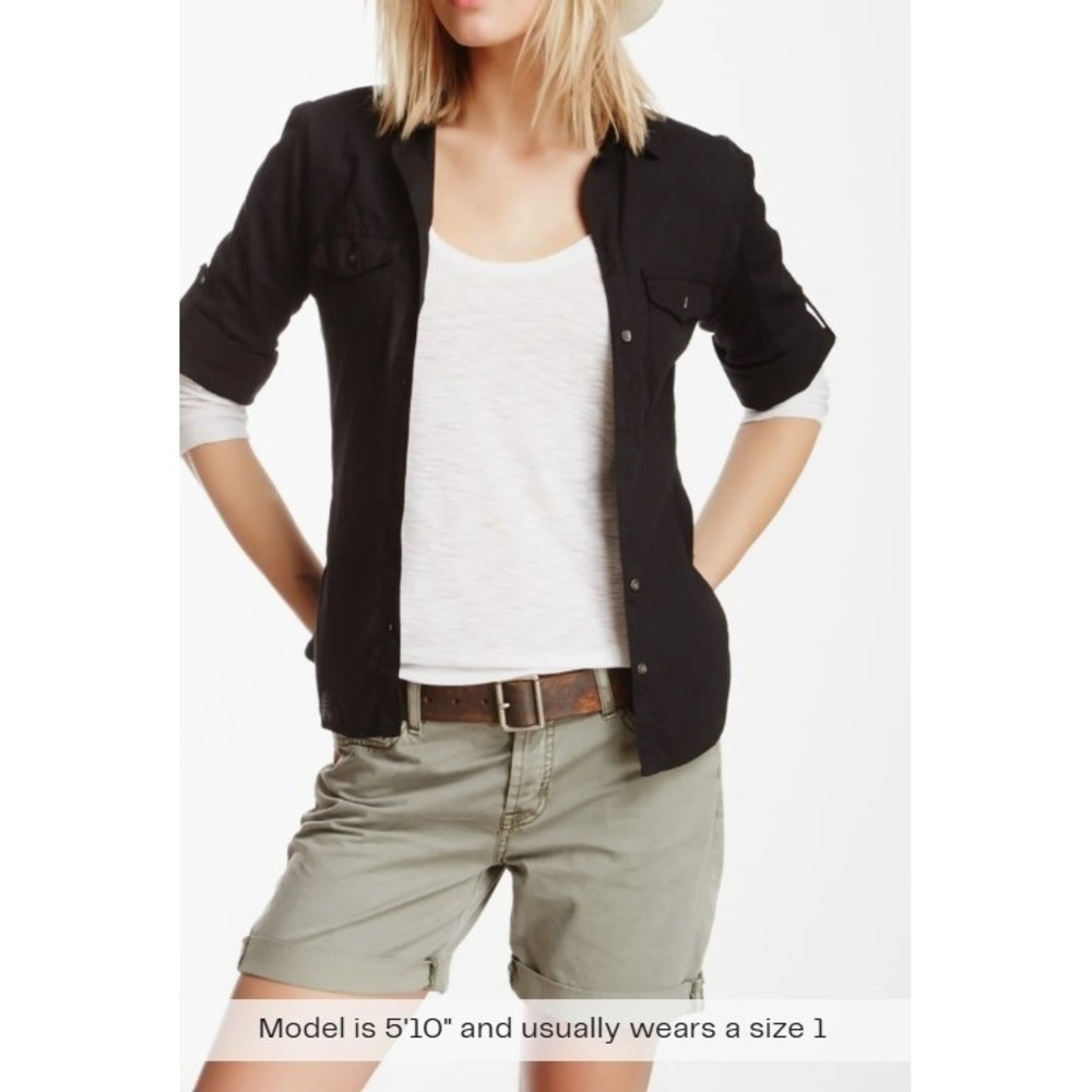 James Perse Surplus Shirt Women's 2 Faded Black‎ Contrast Ribbed 3/4 Roll Tab
